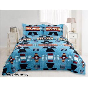 Geometric Print Bedding Set Queen & King Size Quilted Bedspreads Velvet Blue